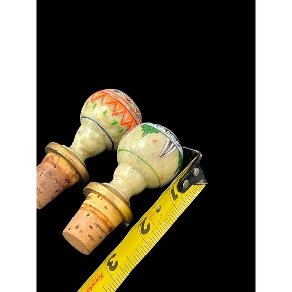 Vintage Set 2 Hand Painted Etched Marble Stone Wine Bottle Stoppers Barware BOHO - Picture 8 of 10